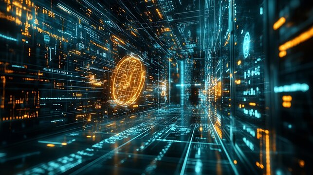 Image of mathematical equations and data processing over server room Global technology computing and digital interface concept digitally generated image : Generative AI
