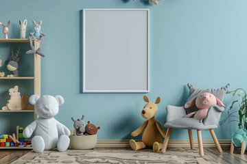 A whimsical colorful bedroom furniture interior blank photo frame mockup in a child toy elements, 3d render