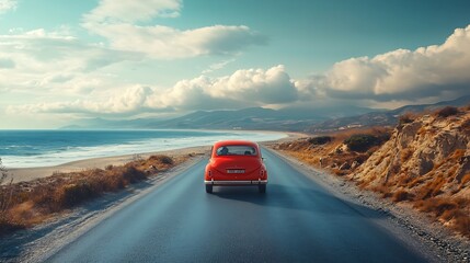 Red car driving in panoramic road landscape by the beach Highway panorama on ocean beach its nice to drive on the beach side highway Road view on the coast on way to summer vacation : Generative AI