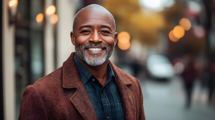 Fototapeta premium Portrait of a smiling senior man with gray beard, wearing a brown jacket, in an urban setting.