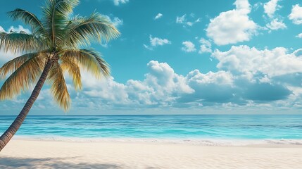 Fototapeta premium Beautiful tropical beach with white sand palm tree turquoise ocean on background blue sky with clouds on sunny summer day summer background and summer holiday concept : Generative AI