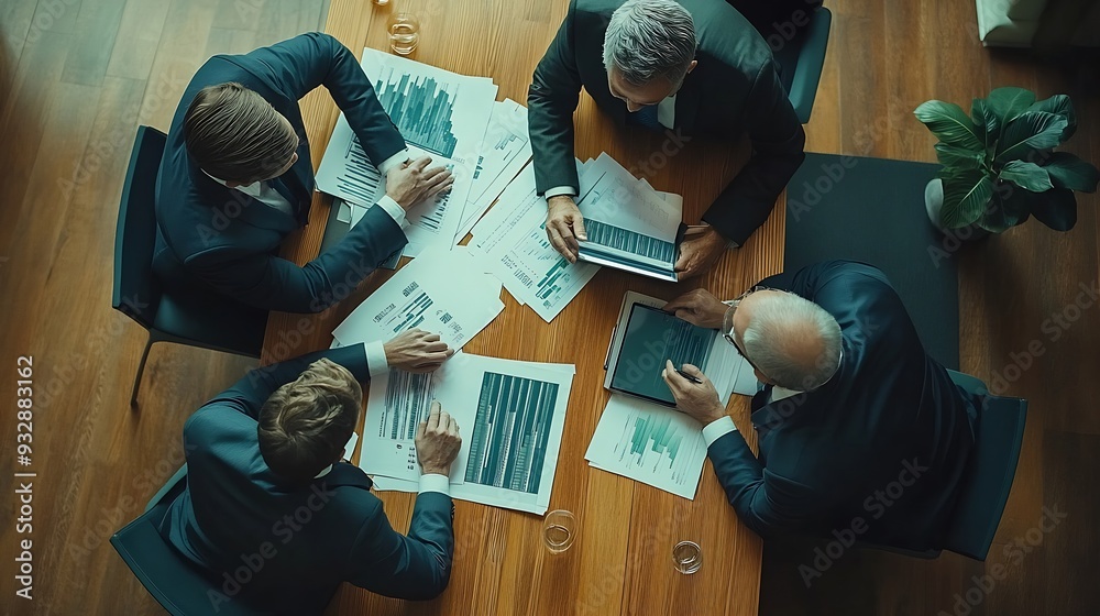 Aufkleber Top view of smart manager looking at financial statistic on tablet at meeting room Group of diverse business people working together to analyze investment data on table with notebook D : Generative AI