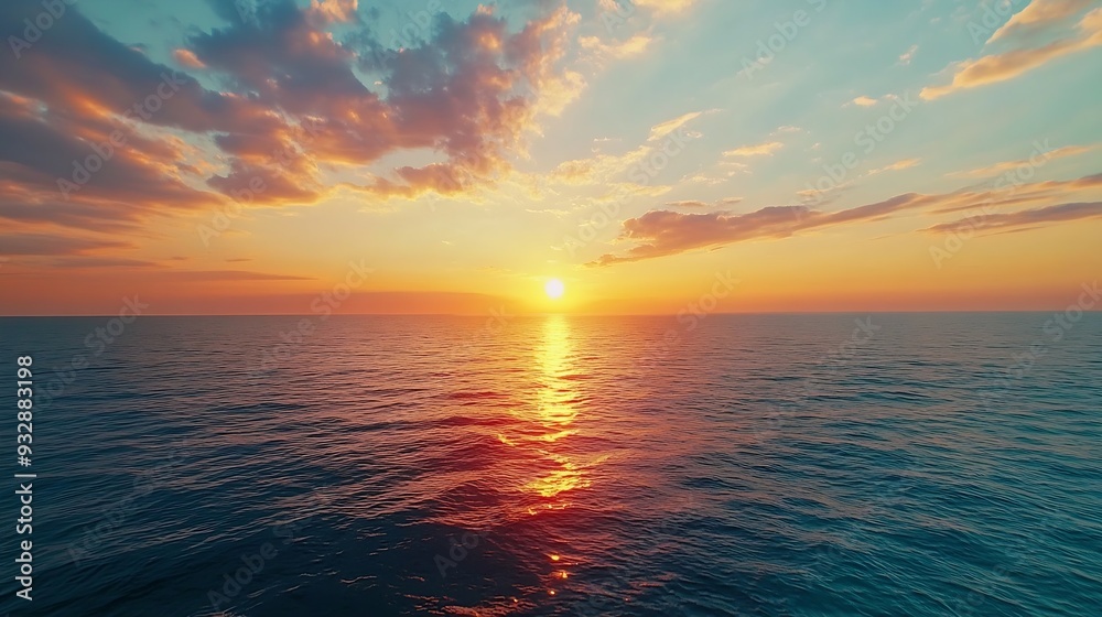 Aufkleber Witness the ethereal blend of sea and sky at sunset from a mesmerizing aerial perspective captured by a drones lens Flight over the ocean Ocean loop video background : Generative AI