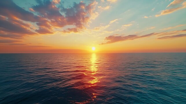 Witness the ethereal blend of sea and sky at sunset from a mesmerizing aerial perspective captured by a drones lens Flight over the ocean Ocean loop video background : Generative AI