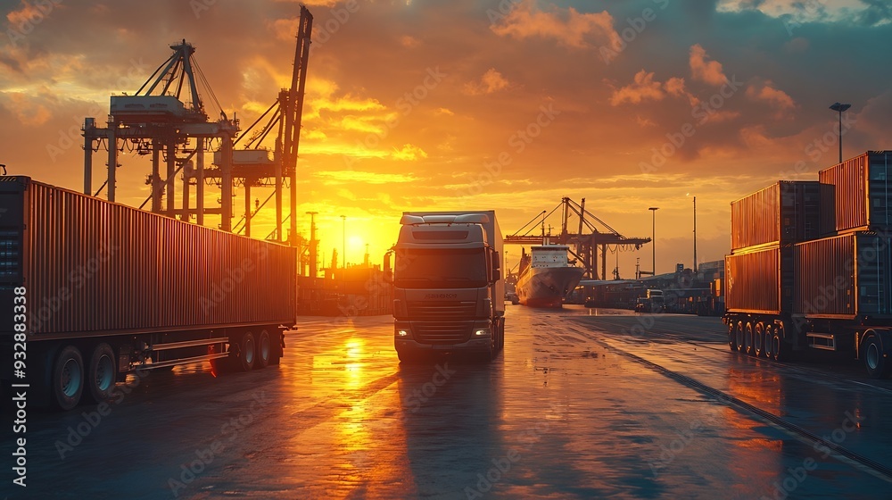 Poster container truck in ship port for business logistics and transportation of container cargo ship and c