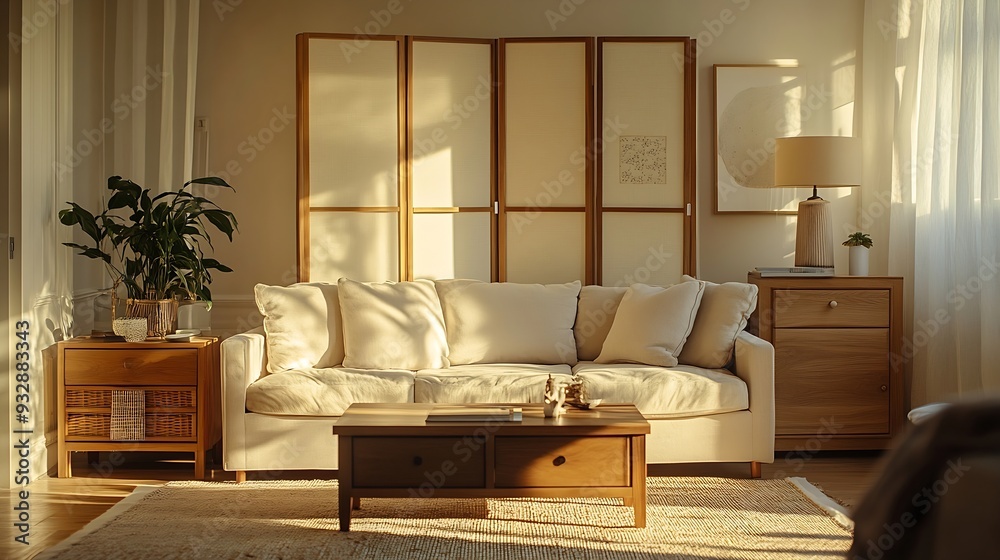 Aufkleber light living room with folding screen comfortable sofa coffee table and chest of drawers : generativ