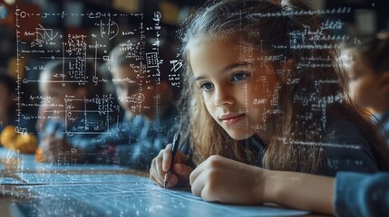 Image of mathematical equations over diverse schoolchildren writing Global education and digital interface concept digitally generated image : Generative AI
