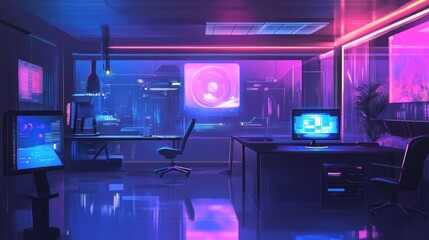 Fototapeta premium Futuristic Office Interior with Neon Lights