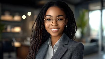 Obraz premium Portrait of a smiling woman with dreadlocks wearing glasses and a suit jacket.