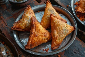 Crispy, deep-fried pastries filled with spiced potato, minced meat, and vegetables, served on a metal tin plate.