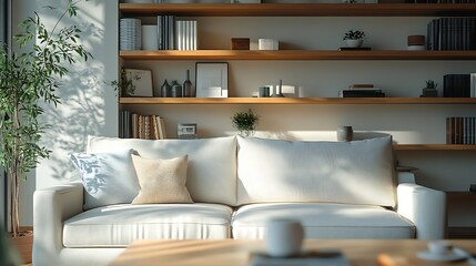 Fototapeta premium Interior of light living room with sofa shelving units and coffee table : Generative AI
