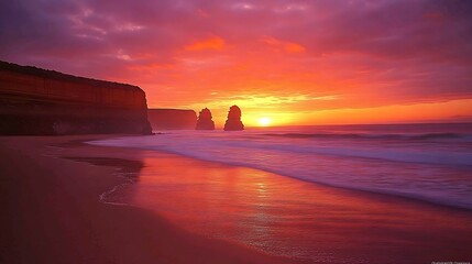 Stunning sunset at 12 Apostles Lookout Beautiful seaside cliff views with moonrise in summer evening Great Ocean Road Victoria Australia : Generative AI