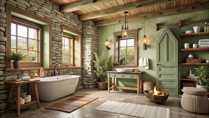 cozy cabin soft sage green tones natural wooden accents earthy stone walls crisp whites rustic morning serenity cabin retreat bathroom
