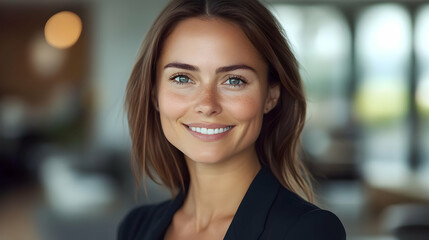 Obraz premium Portrait of a smiling woman with long brown hair and blue eyes, wearing a black blazer.