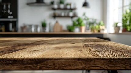 Kitchen wood table top for product display with blurred modern interior Wooden tabletop over defocused kitchen background kitchen furniture and desk space product promotion in the kitc : Generative AI