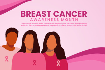Breast Cancer Awareness Month background. Diverse women with pink ribbons on chest stand together against cancer