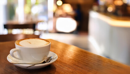 Cup of cappuccino with blur coffee shop background