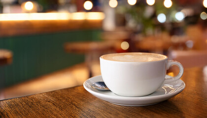 Cup of cappuccino with blur coffee shop background
