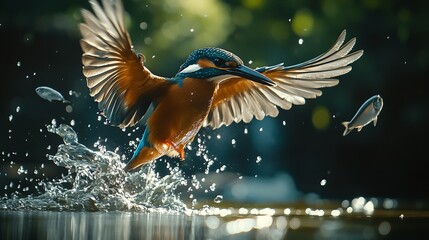 Obraz premium A closeup shot in motion of kingfisher bird with wide open wings hunting fish in river on sunny day : Generative AI