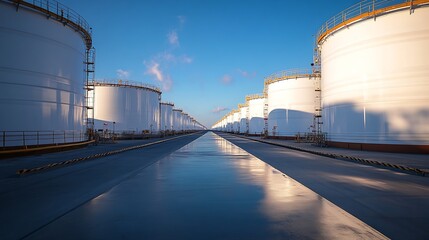 Row many large industrial fuel storage white tanks clear blue sky background on sunny day Oil storage refinery depot liquid facilities Energy hazmat railroad transportation storage and : Generative AI