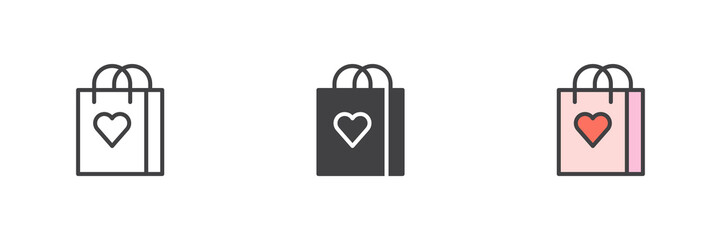 Shopping bag with heart different style icon set