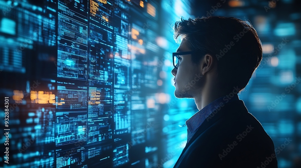 Poster Ai Businessman working with modern interface Business analytics Big data technology and data science Data flow conceptBusiness computing digital composite : Generative AI