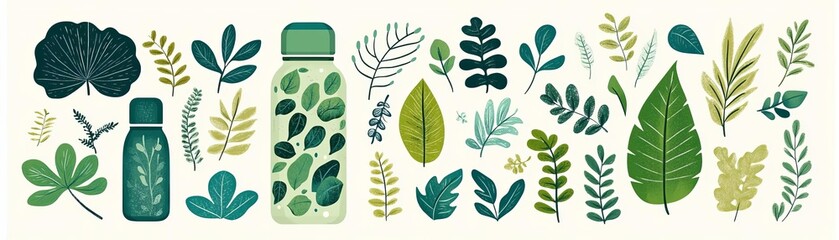 A Eco-friendly reusable water bottle, green leaf patterns, earthy colors, nature-inspired design, flat design illustration