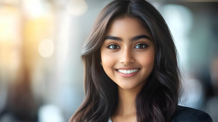 Obraz premium Portrait of a smiling young woman with long dark hair.