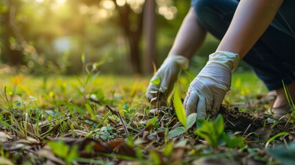 A volunteer helps clean up litter and pollution in the park for charity and to maintain a healthy environment.