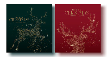 Christmas greeting card vector poster set design. Merry christmas and happy new year greeting text with elegant reindeer glitter pattern for xmas layout collection. Vector illustration greeting card 