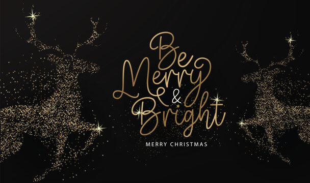 Merry christmas greeting vector background design. Christmas greeting text with elegant bright glittering reindeer style element for invitation card layout black background. Vector illustration 