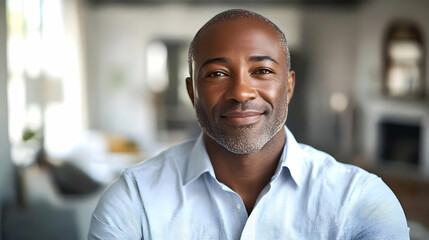 Obraz premium Portrait of a smiling, middle-aged man with grey hair and beard in a light blue shirt.