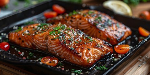 Pan-seared teriyaki salmon prepared from scratch.