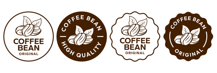 Coffee shop logo. Retro badge coffee bean and leaf branch with mountain natural icon line stamp logo vector design in vintage hipster modern style, premium coffee shop bar brand symbol icon.
