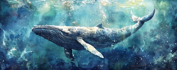 Fototapeta premium A majestic whale gliding gracefully through vibrant ocean waters, showcasing the beauty of marine life.