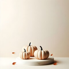 Halloween pumpkins in light beige tones on a round marble podium , illustration, 3D, beautiful Halloween banner
