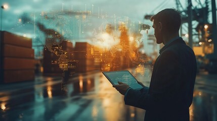 Multiple exposures of Businessman touching tablet for analyze stock at logistics port and world map with logistic network distribution : Generative AI