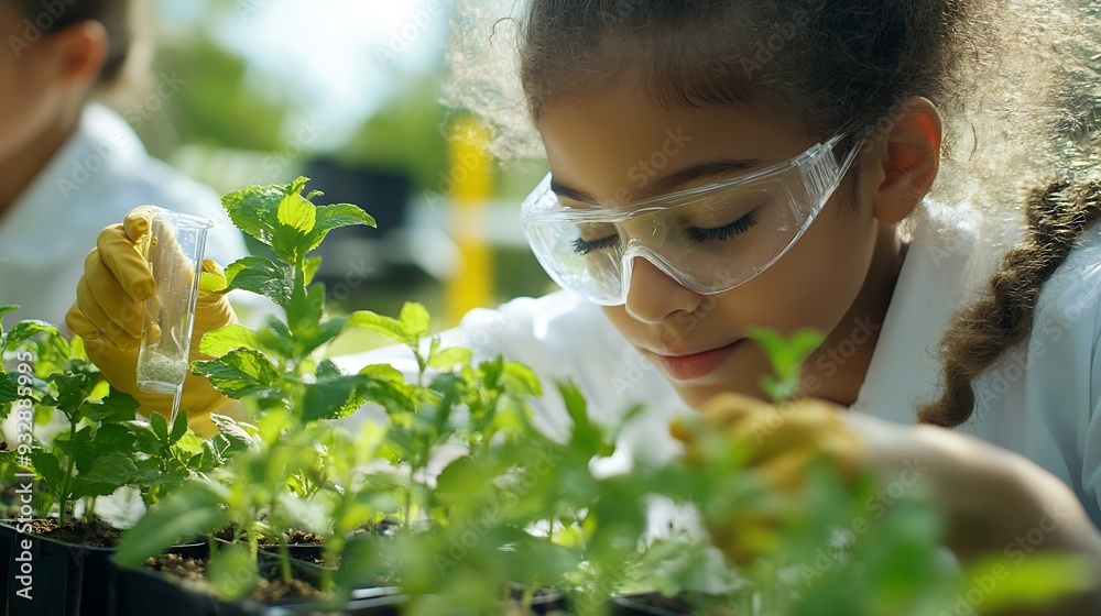 Poster smart boys and talented girls experimenting with growing crops and testing different nutrition addit