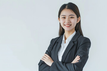 Woman in formal wear smiling against white wall, headshot with blazer and collar visible.