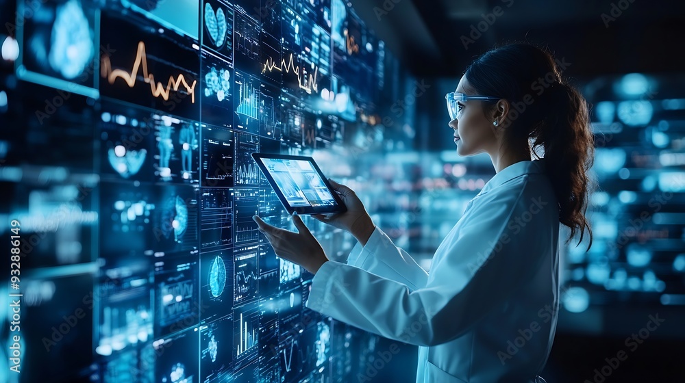 Poster doctor teamwork and technology on wall background for research planning and multimedia workflow heal