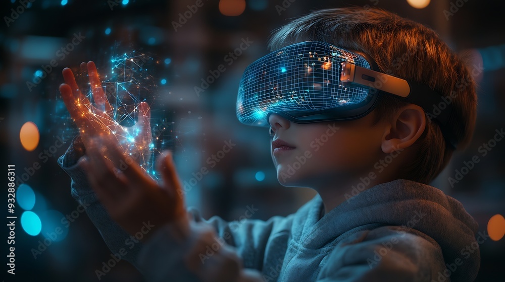 Aufkleber kid with vr glasses in polygon virtuelle struktur universum kid with virtual reality glasses holds a