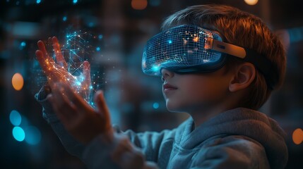 Kid with VR glasses in polygon virtuelle struktur universum Kid with virtual reality glasses holds a polygon world grid in his hand : Generative AI