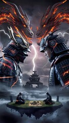 Fototapeta premium A captivating conceptual art piece showcasing a futuristic samurai facing off against a colossal lava dragon in a surrealsetting. 