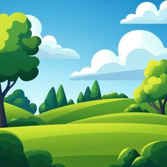 Obraz premium Vibrant cartoon landscape with lush green meadows, dancing in the gentle wind. A serene escape into natures beauty.