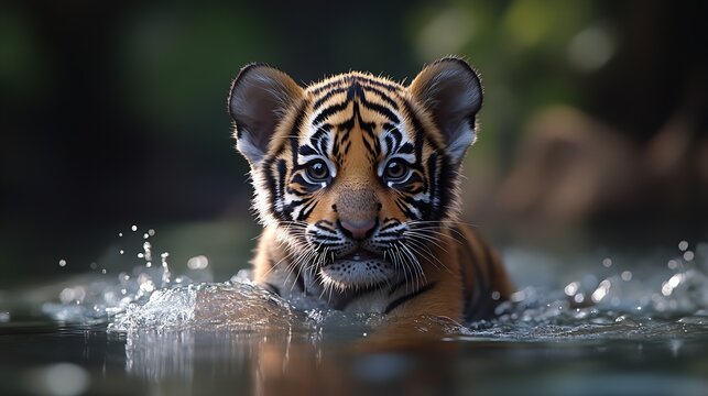 Cute Bengal tiger cub emerges from the water Horizontally : Generative AI