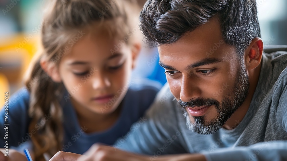 Poster teacher helping latin boy with assignment in elementary school classroom support scholarship and edu