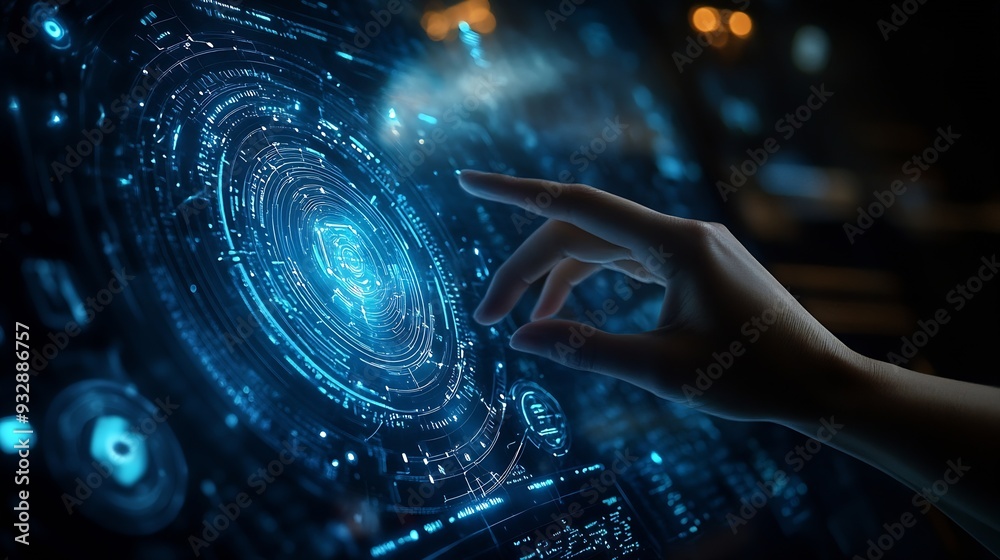 Poster Cyber security and data protection on internet Person touching virtual shield secure access encrypted connection Password protected system and storage Cybersecurity technology : Generative AI