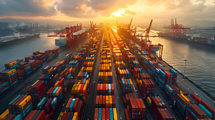 Aerial View of Cargo Containers at a Busy Shipping Port at Sunset - Photo