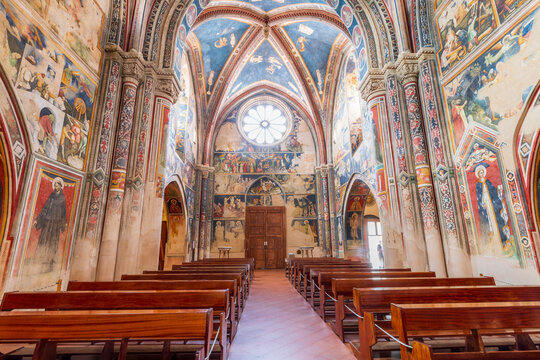 Italy, Apulia, Province of Lecce, Galatina. June 03, 2019. Basilica di Santa Caterina di Alessandri. Famous frescoes in the interior. Rose window.