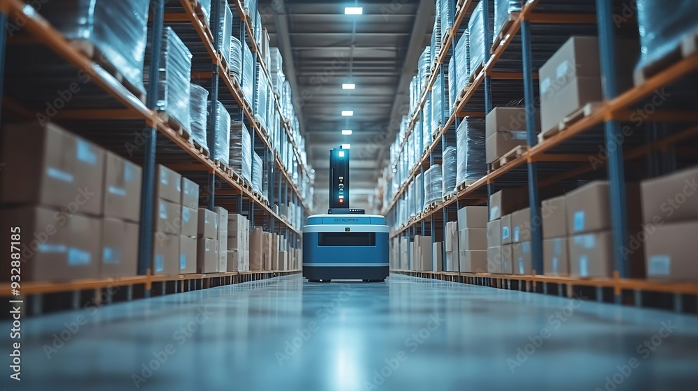 Poster blur background of smart robotic machine inspecting product in storage warehouse interior with shelv